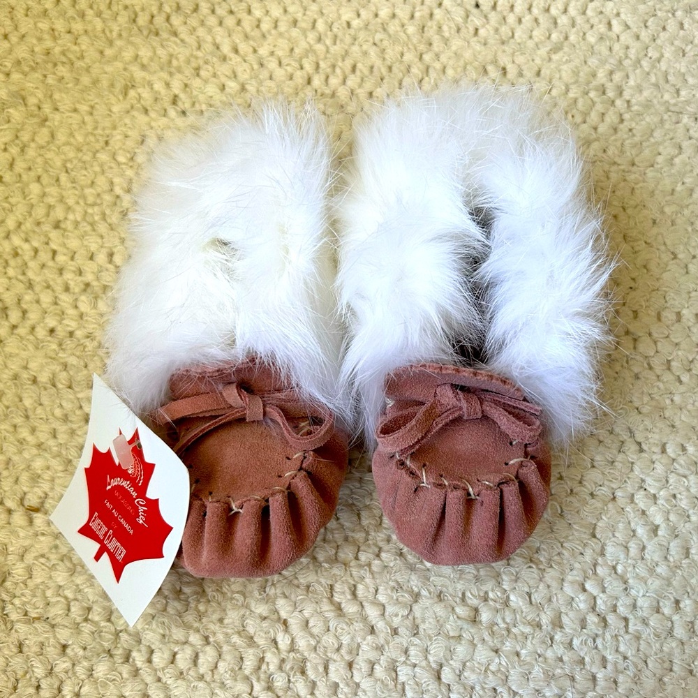 Vintage pink suede baby moccasins- handmade in Canada